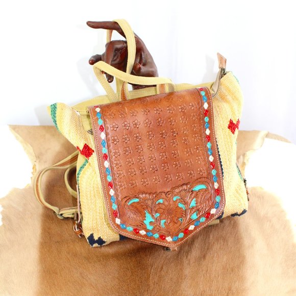 Myra Bag Handbags - Myra Boho Tribal Leather and Woven Canvas Backpack